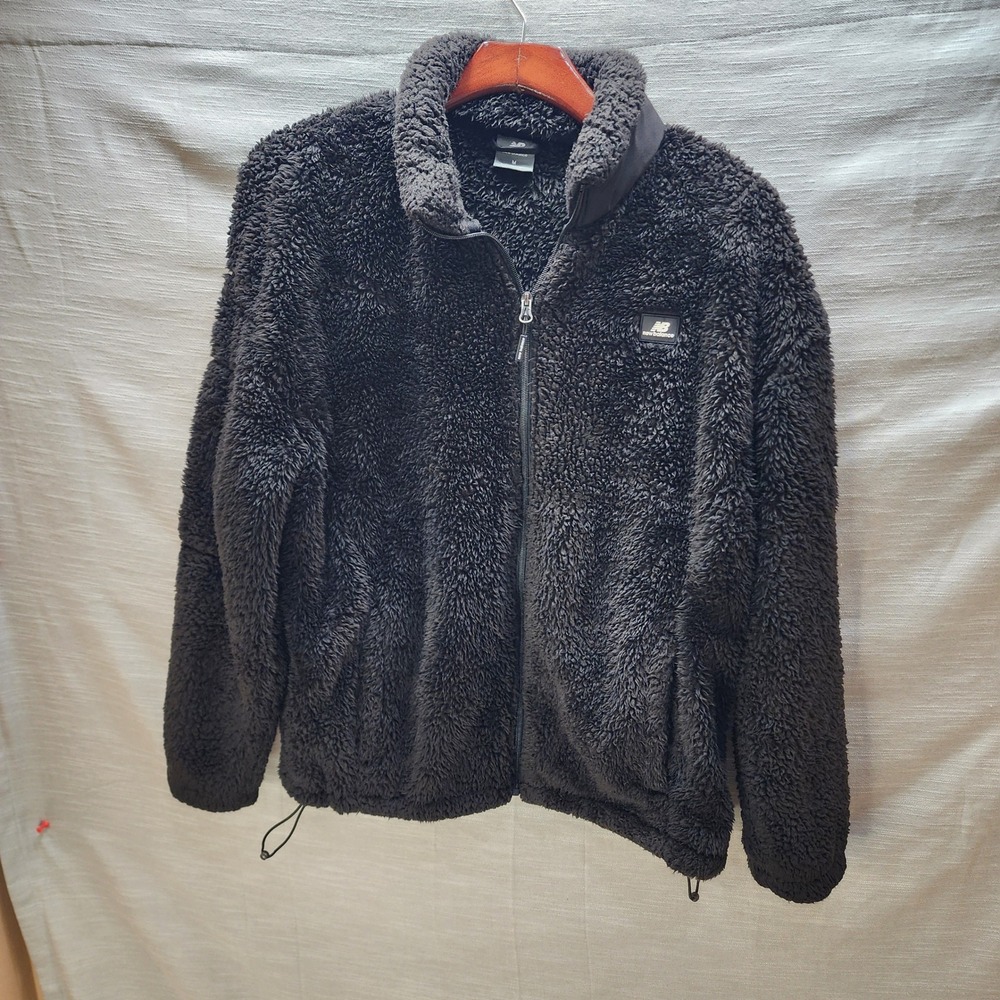 New Balance Mens Black Sherpa Fleece Full Zip Jacket Size M High Pile Warm Cozy
